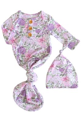 Newborn Baby Knot Gown &amp; Hat Set | Lavender Lullaby