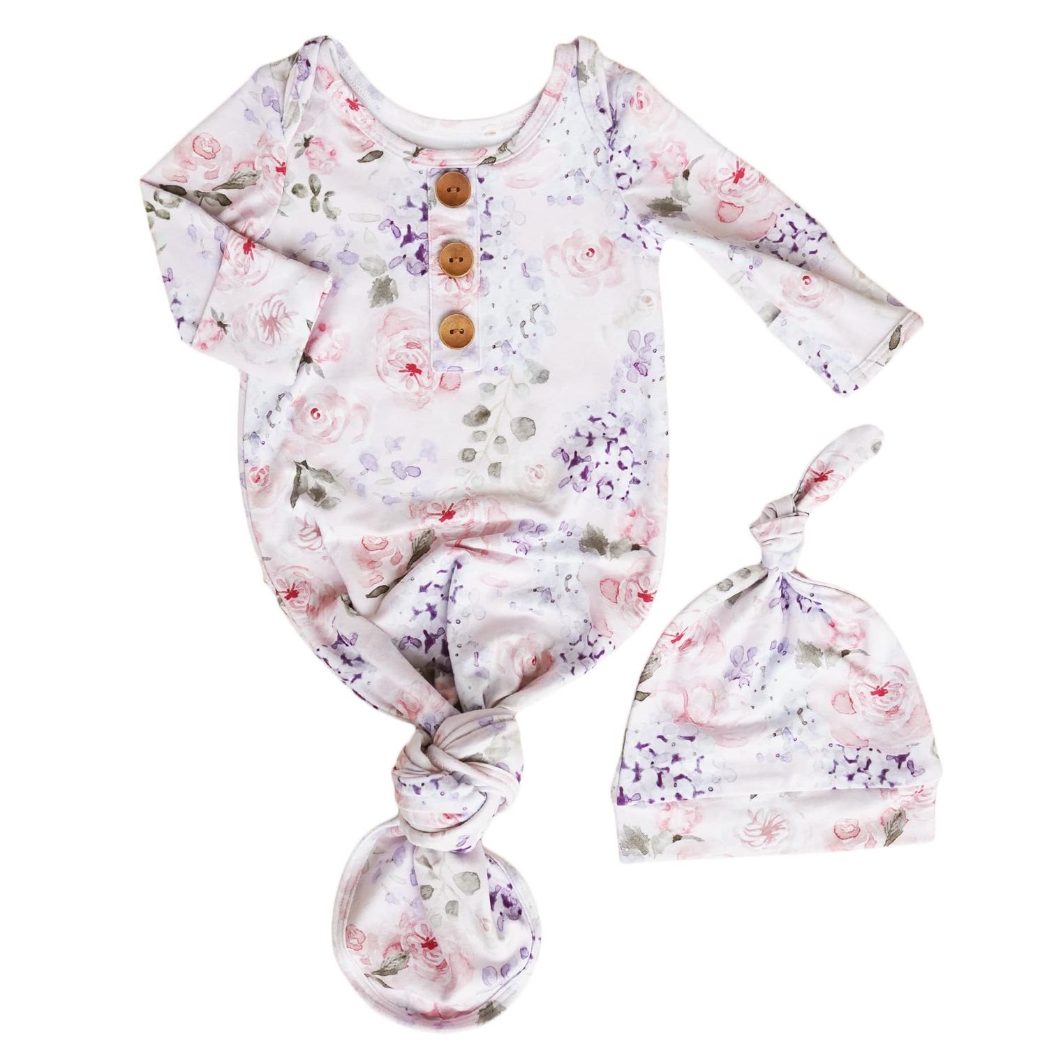 Henlee's Hydrangea Newborn Baby Knot Gown &amp; Hat Set