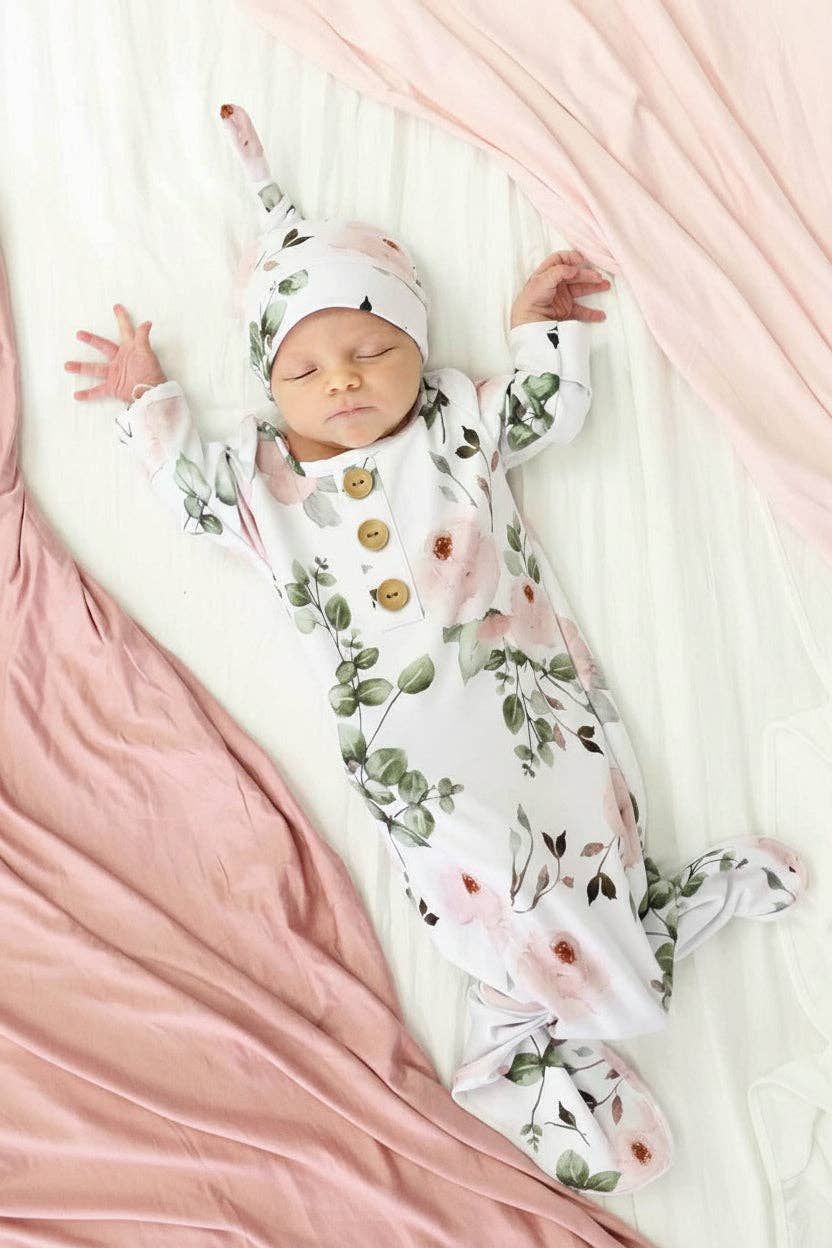 Millie's Dusty Rose Garden Newborn Baby Knot Gown &amp; Hat Set