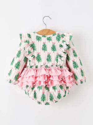 Christmas Tree Print Ruffle Bow Baby Girl Bubble Romper