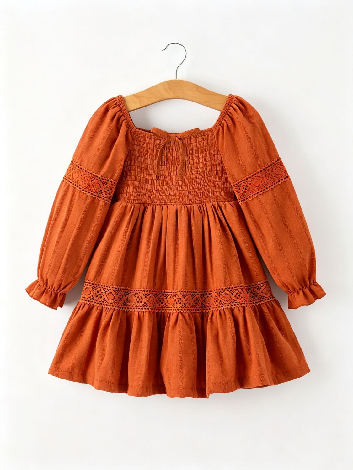 Rust Smocked Lace Trim Ruffle Dress