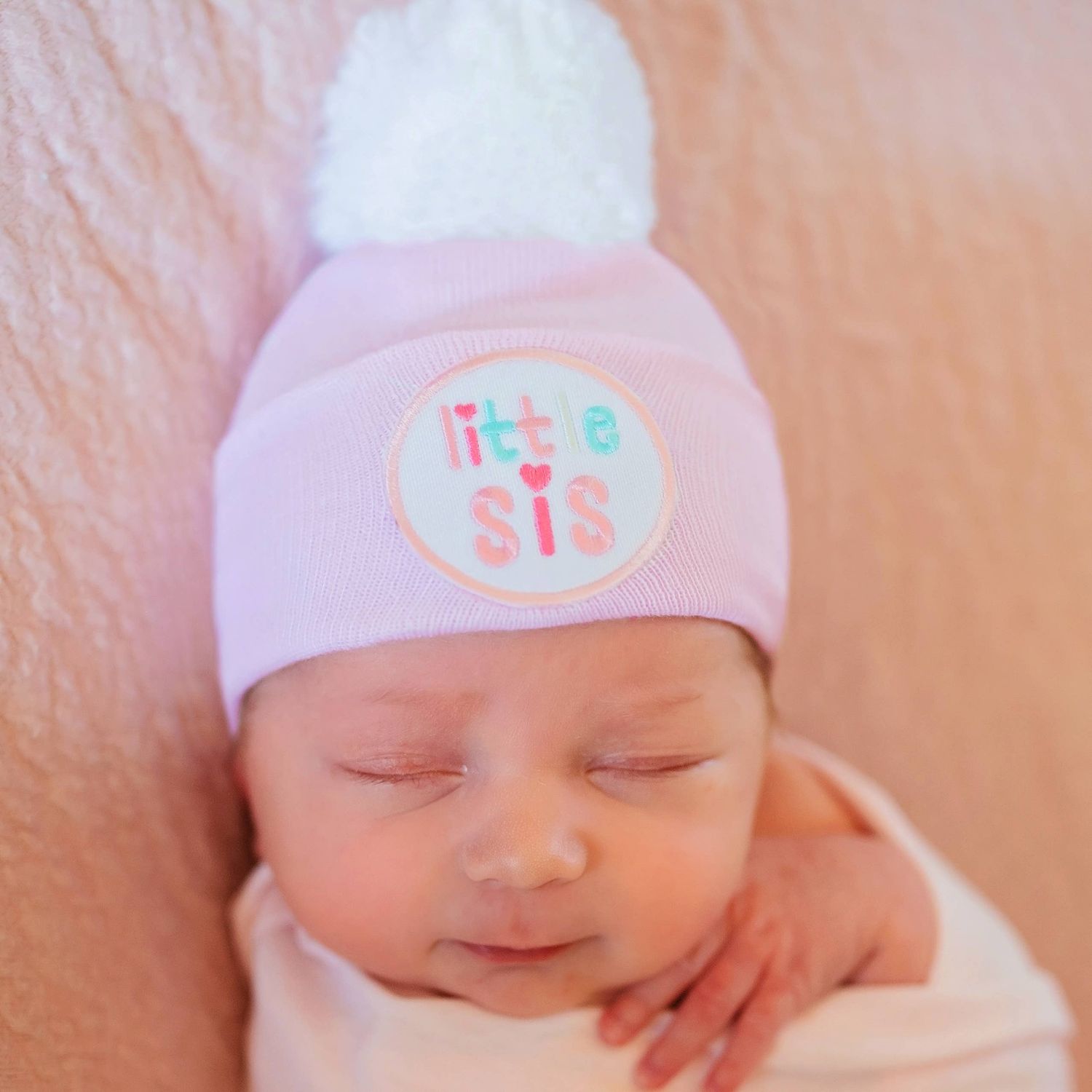 Ilybean Little Sis with White Pom Pom Newborn Girl Hospital, Color: Pink, Size: newborn