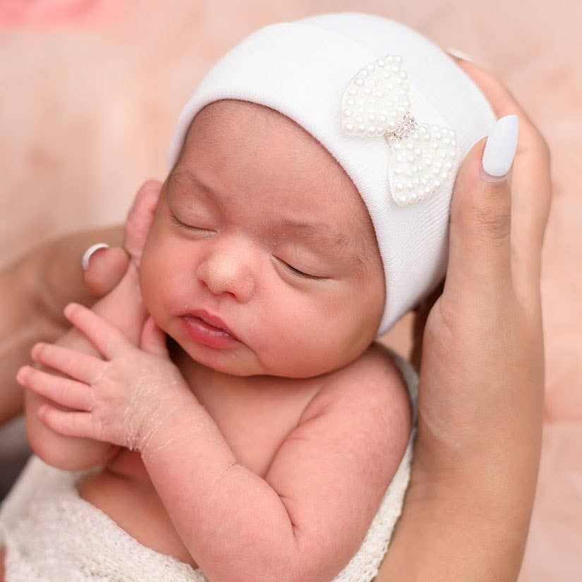 Ilybean White or Pink Hat MINI Pearl Bow Newborn Girl Hat, Color: White Hat, Size: NEWBORN