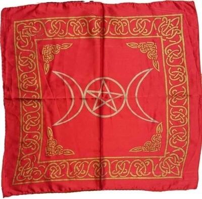 Red Satin Triple Moon Pentagram Altar Cloth