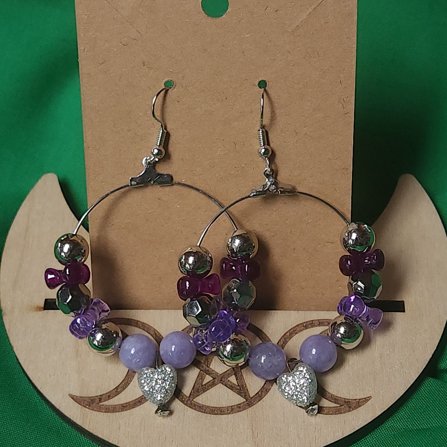 Moonlit Heart Hoops — Lavender & Silver Sparkle