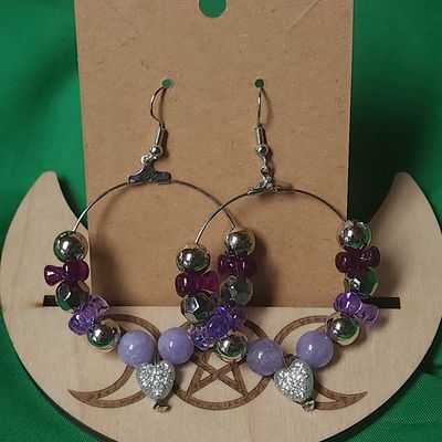 Moonlit Heart Hoops — Lavender & Silver Sparkle
