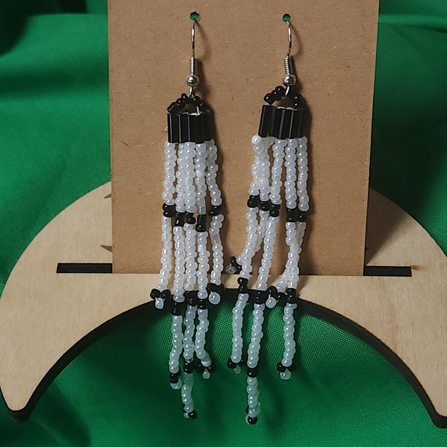 Spirit Threads — Black & White Beaded Fringe Earrings