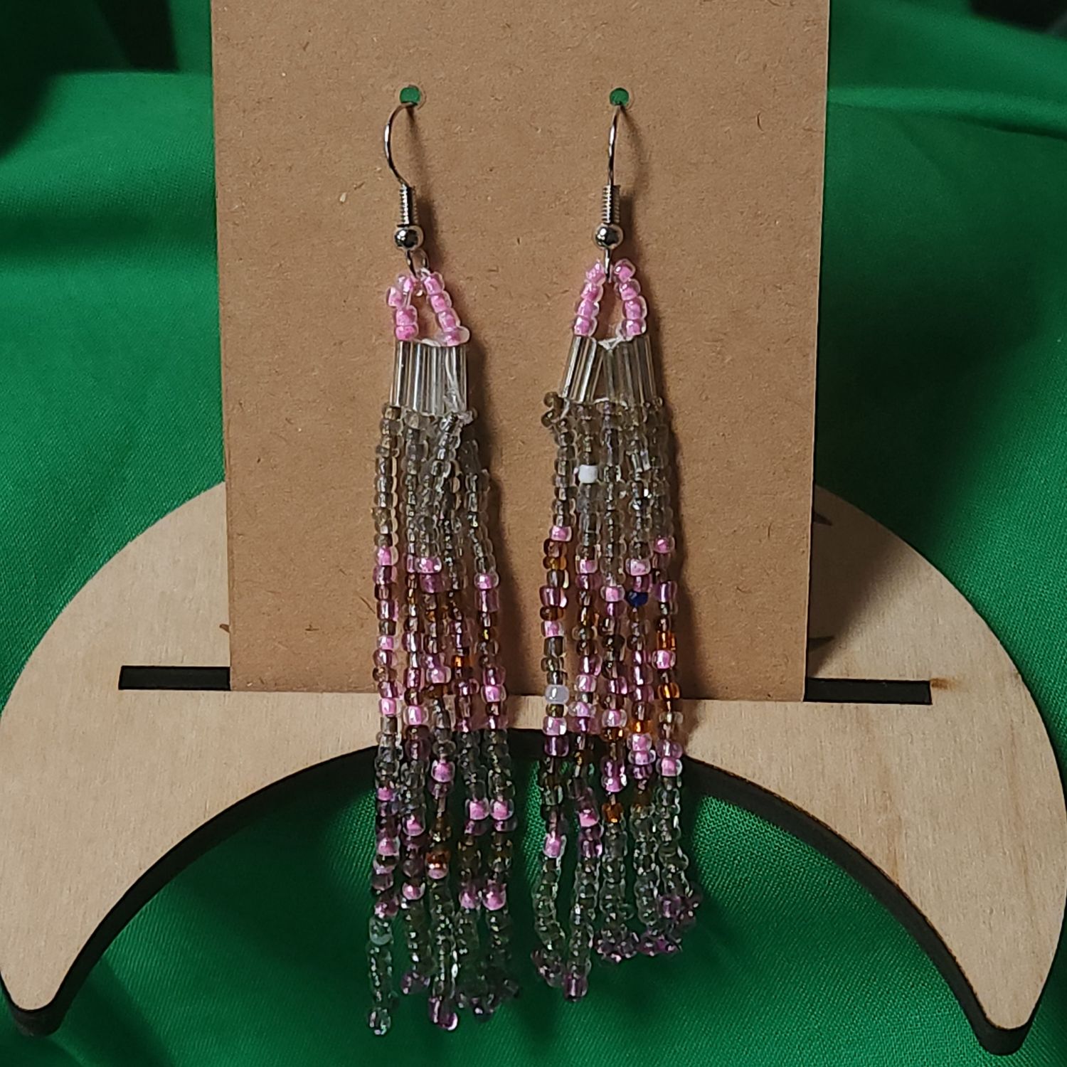 Whispering Willow — Beaded Fringe Earrings in Pink & Bronze