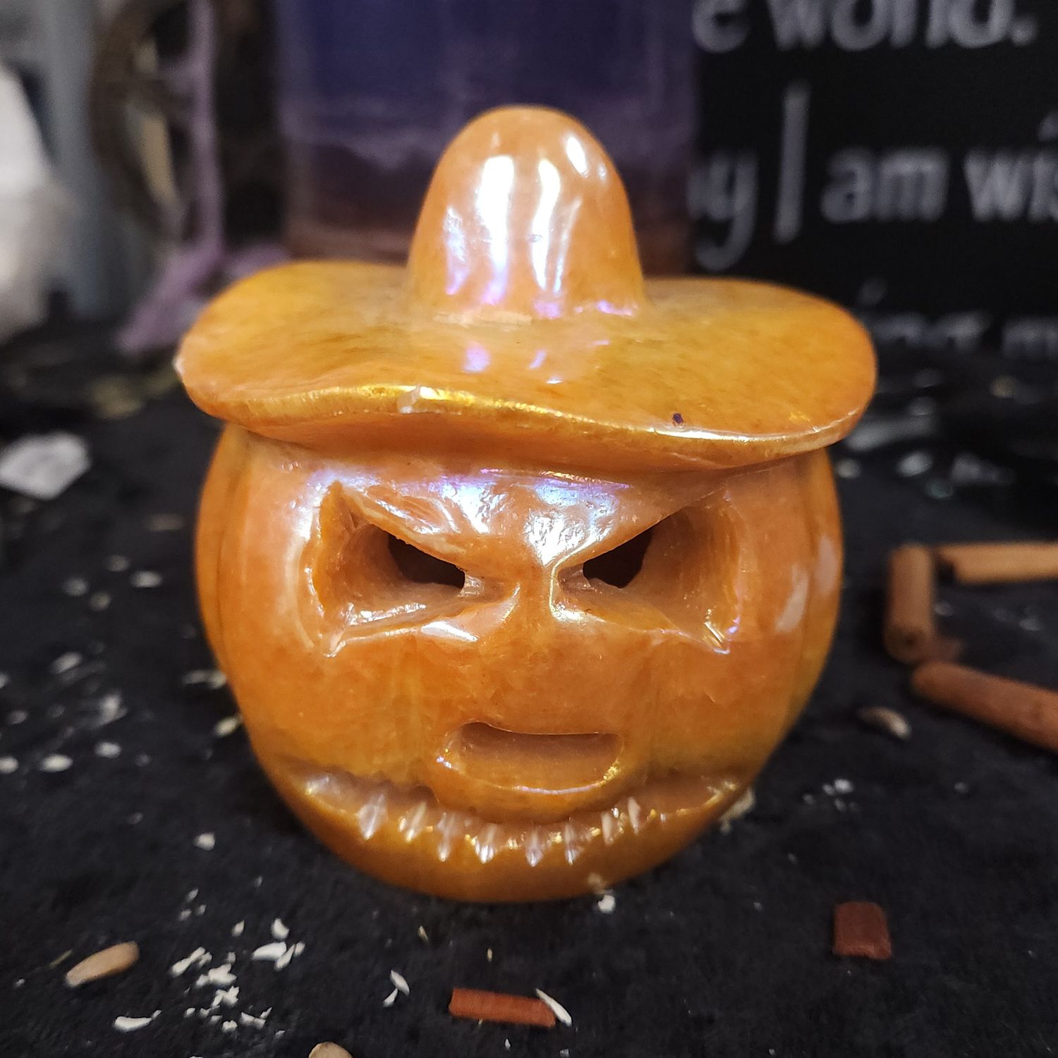 Aura-Coated Orange Calcite Jack-o'-Lantern Carving — 3.1 Aura-Coated Orange Calcite Jack-o'-Lantern Carving — 3.1" Tall