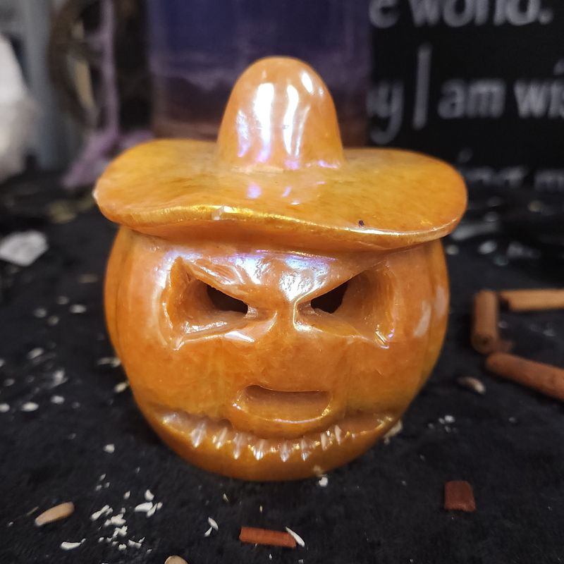 Aura-Coated Orange Calcite Jack-o'-Lantern Carving — 3.1" Tall