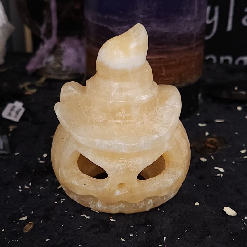 Orange Calcite Jack-o'-Lantern with Witch Hat