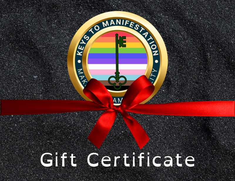 Keys To Manifestation digital gift certificate graphic with logo, red ribbon, and glittering black background.