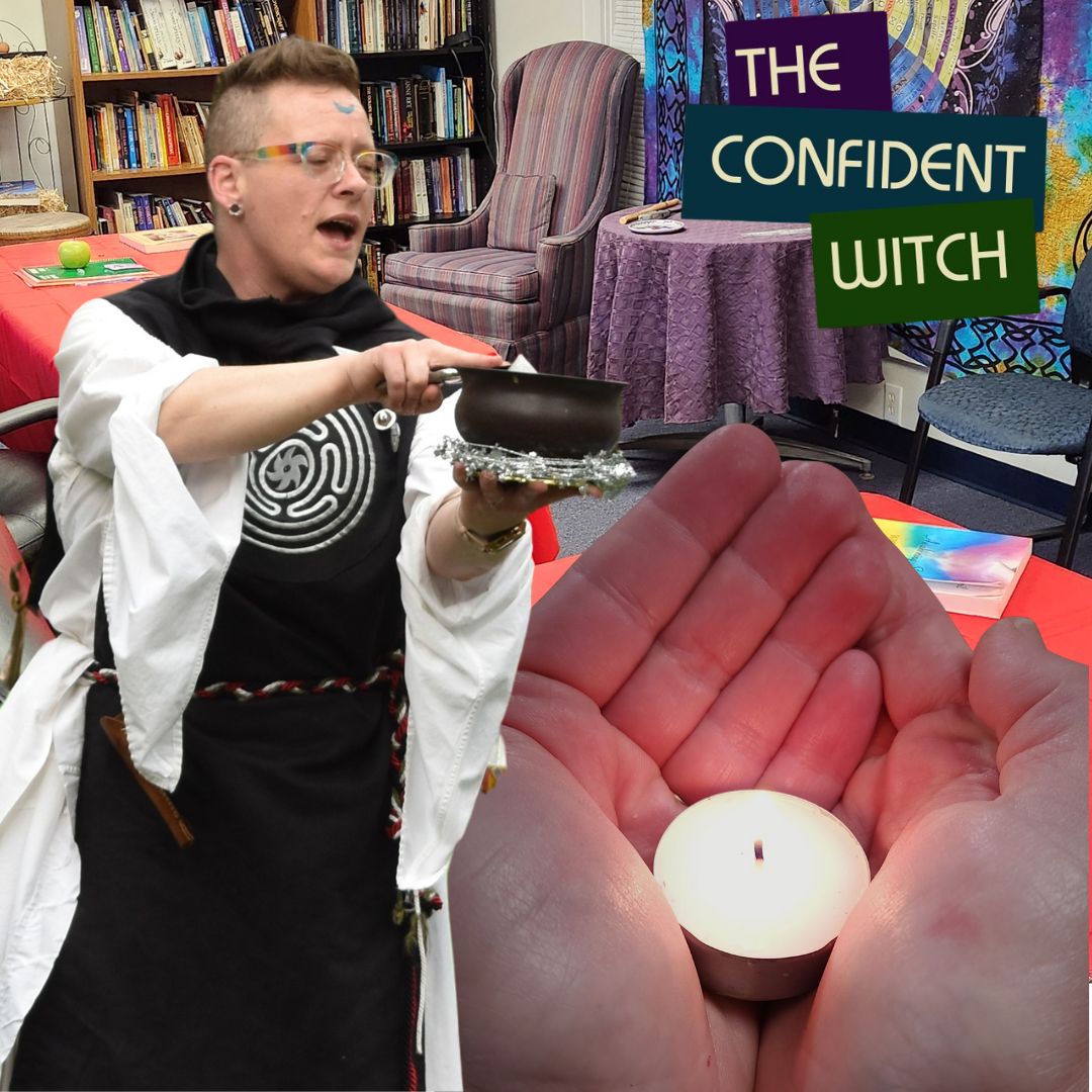 Lord Solinox in robes leading a spell in a the temple, overlaid with hands holding a candle and The Confident Witch Logo