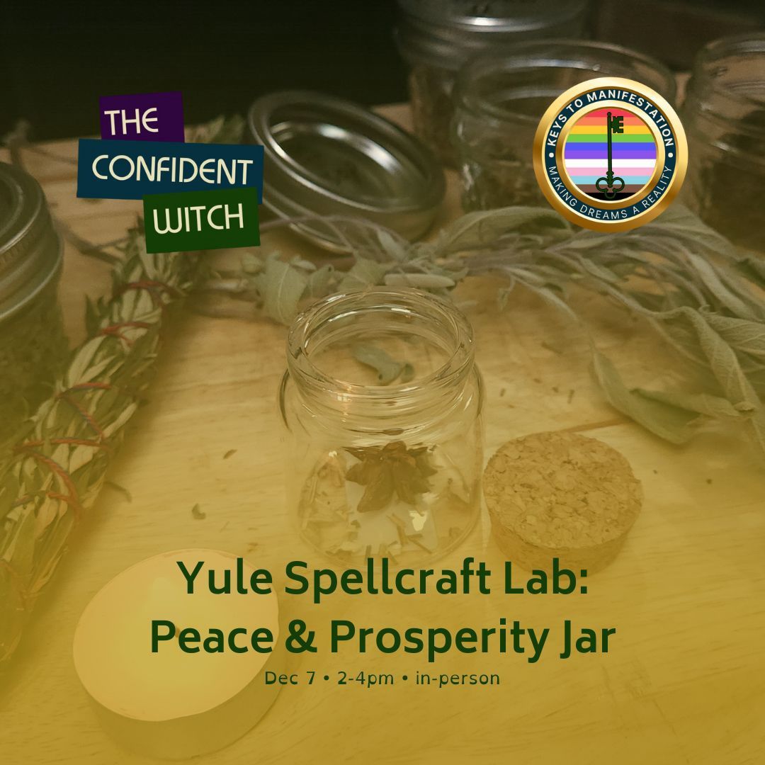 Spellcraft Lab graphic showing jars, herbs, a tealight, and crystals on a wooden altar