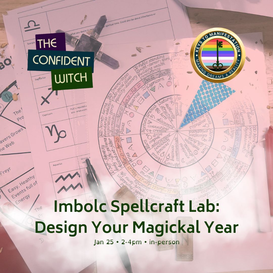 Imbolc Spellcraft Lab: Design Your Magickal Year Square promo image showing a handwritten magickal year wheel, zodiac worksheets, crystals, and candles with text