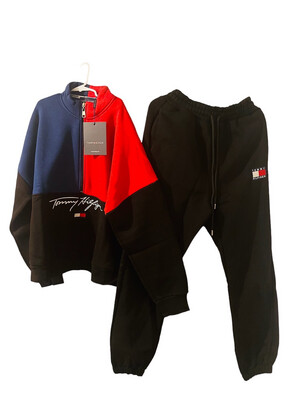 Tommy Hilfiger Tracksuits Set Black And Blue ,Red Colors Different Sizes: S, M, L, And Red Tracksuit is S, Blue Night Tracksuit is M, and Black Tracksuit Is L