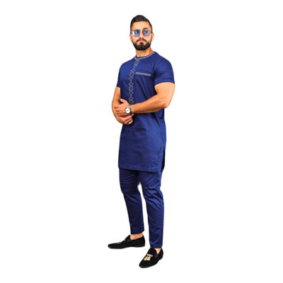 Blue African Men&#39;s Clothing, Short Sleeve Cotton Embroidery Shirt Pants, Nigerian Wedding Guest Groom Suit, African Fashion Men Size: M