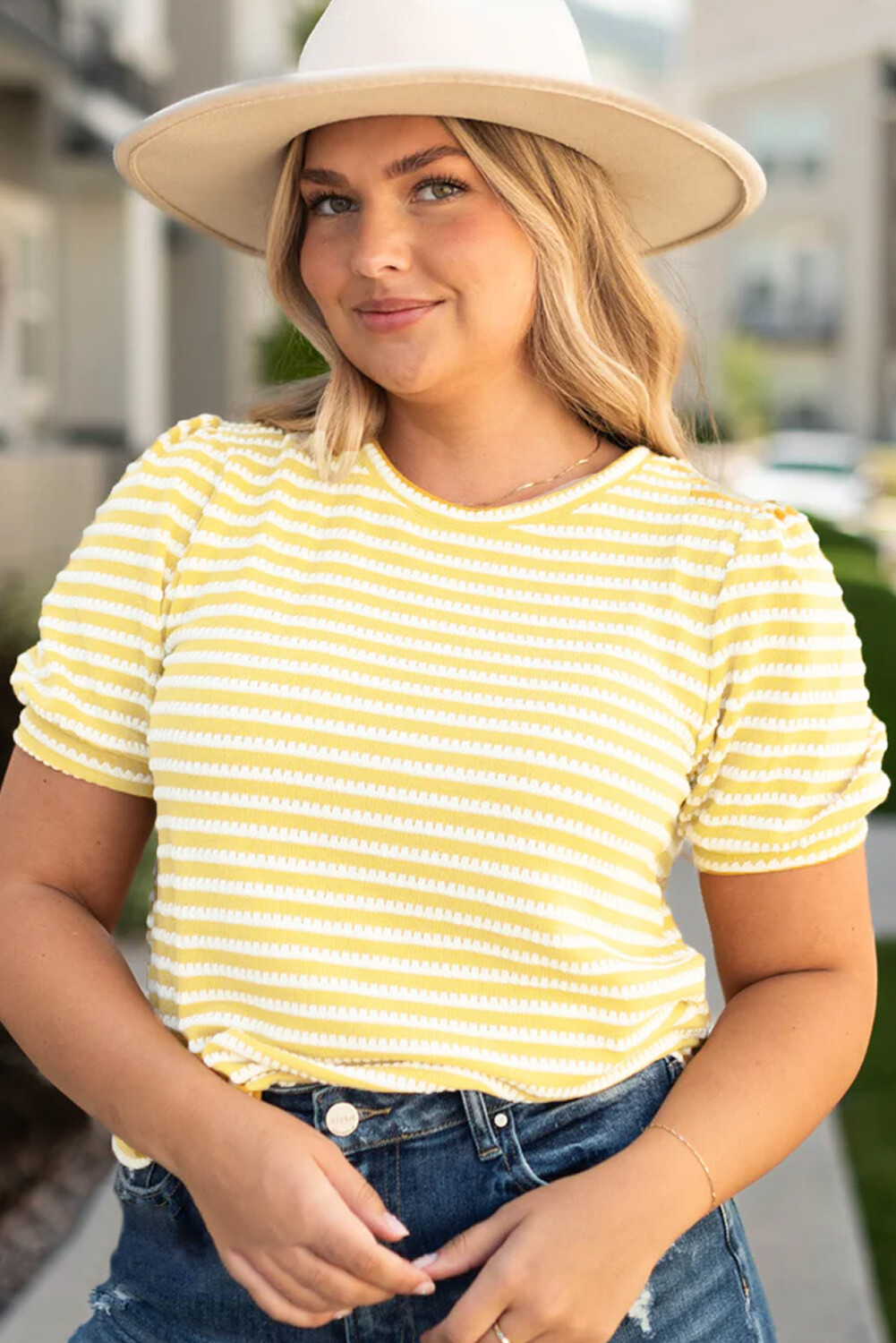 Yellow Striped Puff Sleeve Top