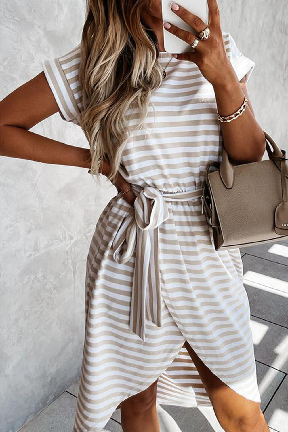 Khaki Striped Midi Dress