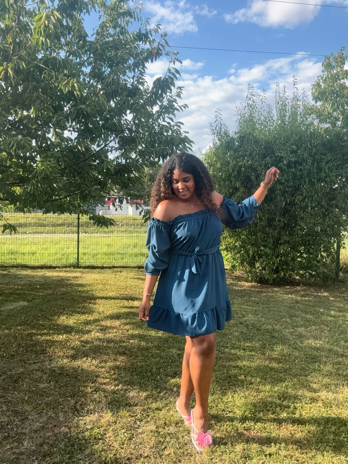 Robe fluide col bardot bleu canard