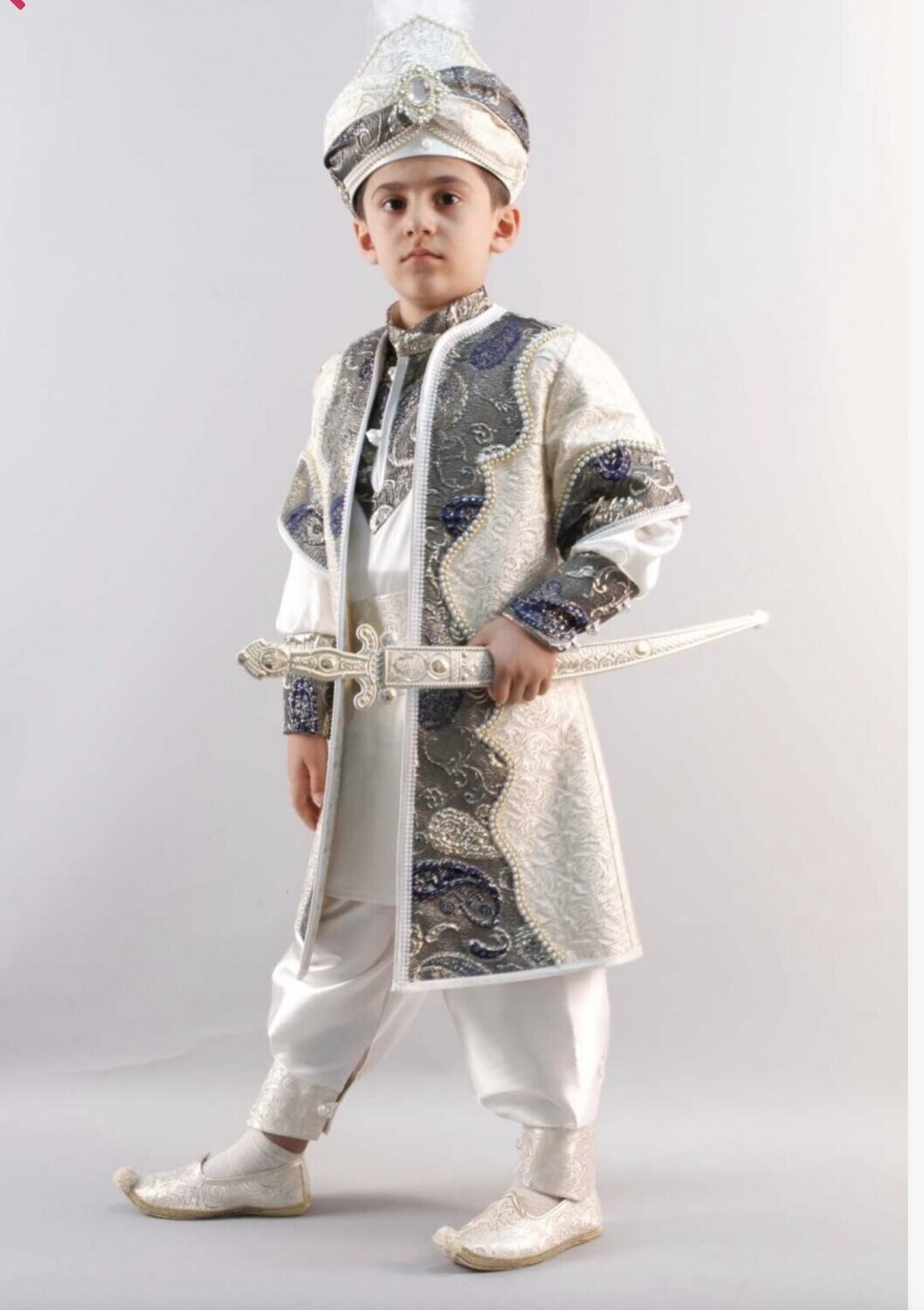 Creme/Donkerblauw Kaftan Besnijdenis Pak