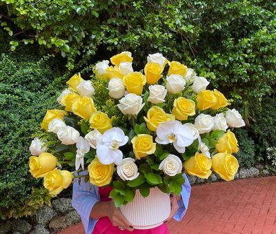 White and yellow  Fresh roses + Orchid