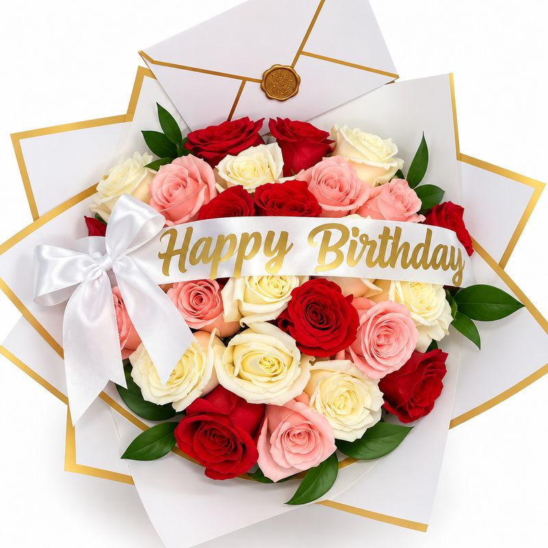 25 Roses whit Happy Birthday Ribbon