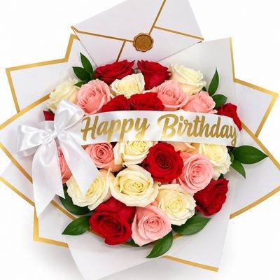 25 Roses whit Happy Birthday Ribbon