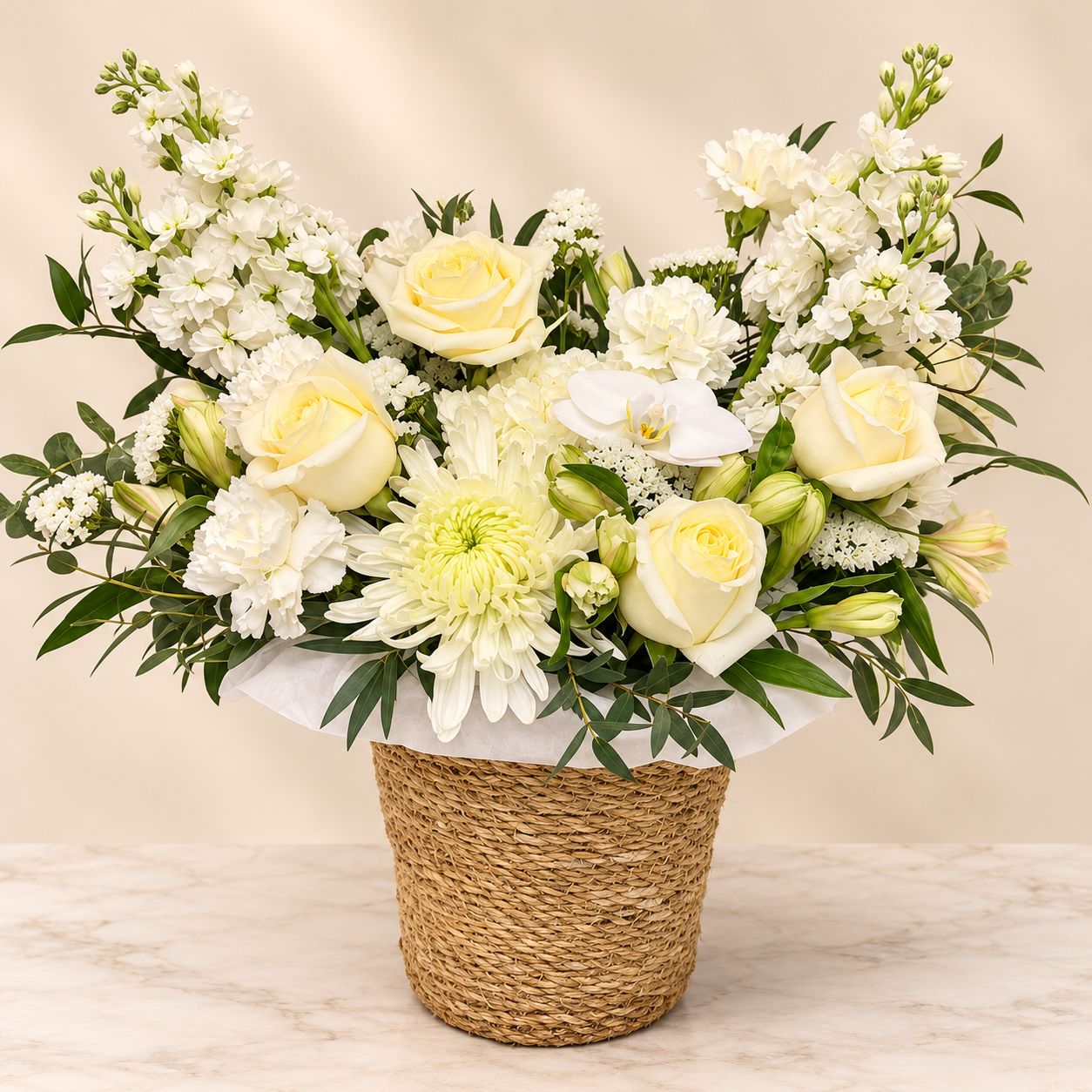 Ivory Elegance Basket – Luxury White & Ivory Flower Arrangement Ivory Elegance Basket – Luxury White & Ivory Flower Arrangement