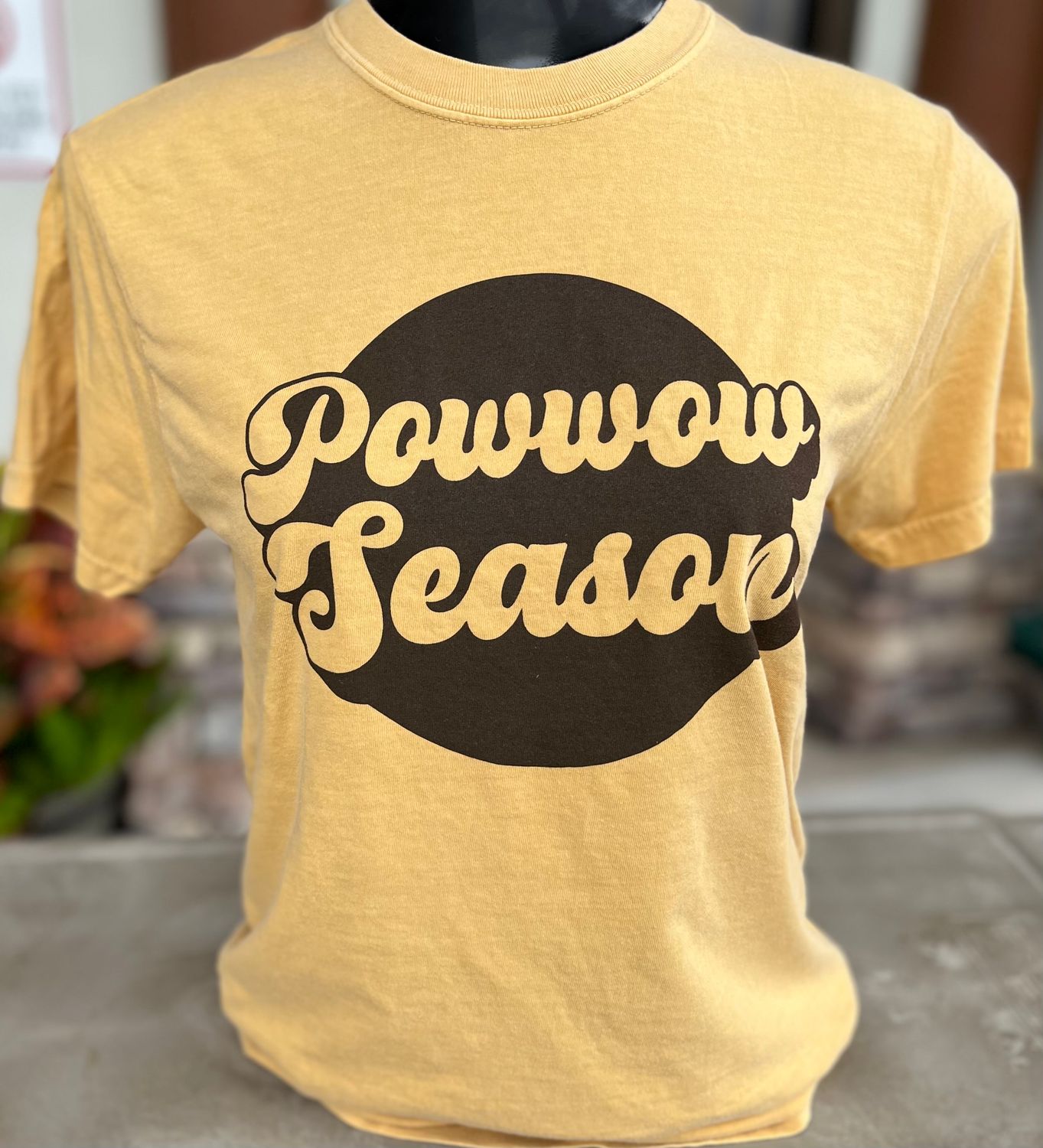 Pow Wow Season Shirt, Color: Mustard, Size: Small, Style: Short Sleeve