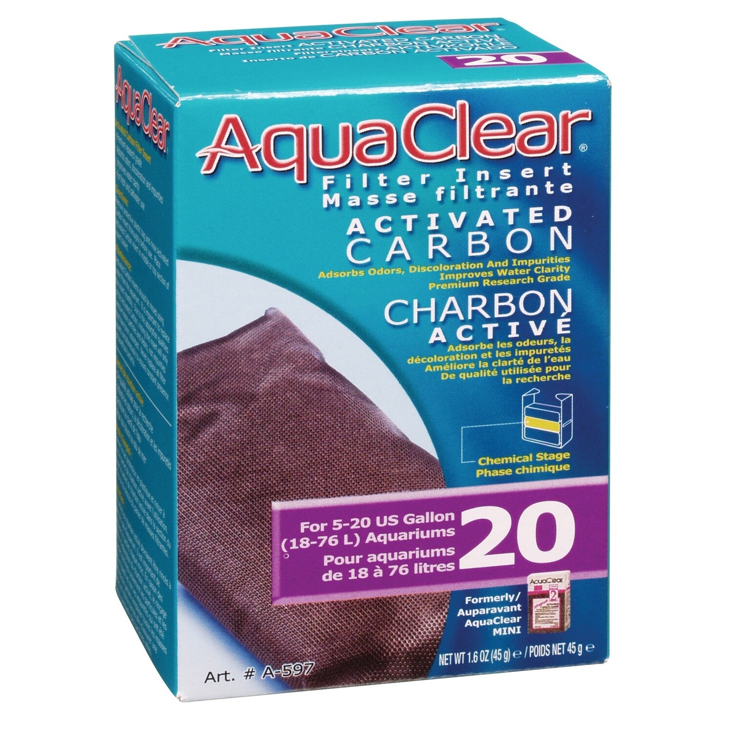 AquaClear 20 Activated Carbon Filter Insert, 45 g (1.6 oz)