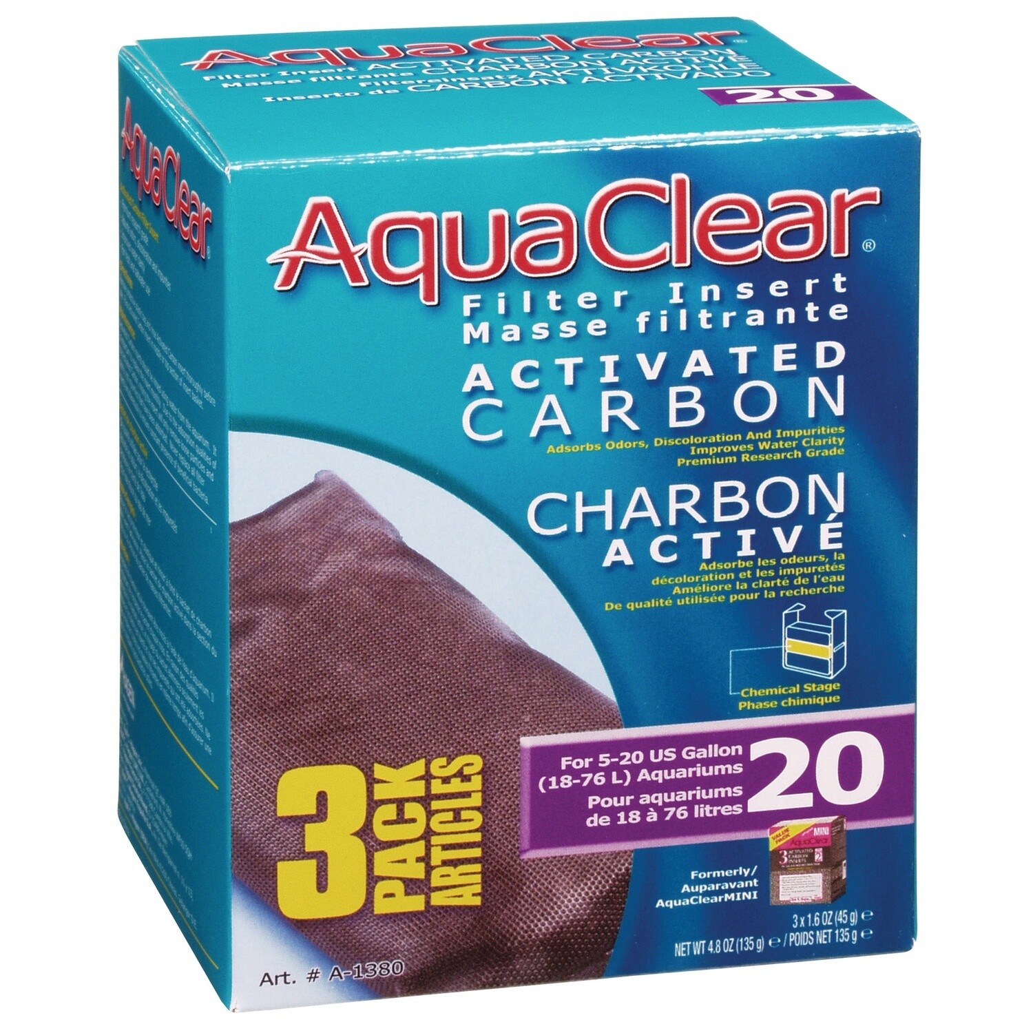 AquaClear 20 Activated Carbon Filter Insert 3 pack, 135g (4.8 oz)