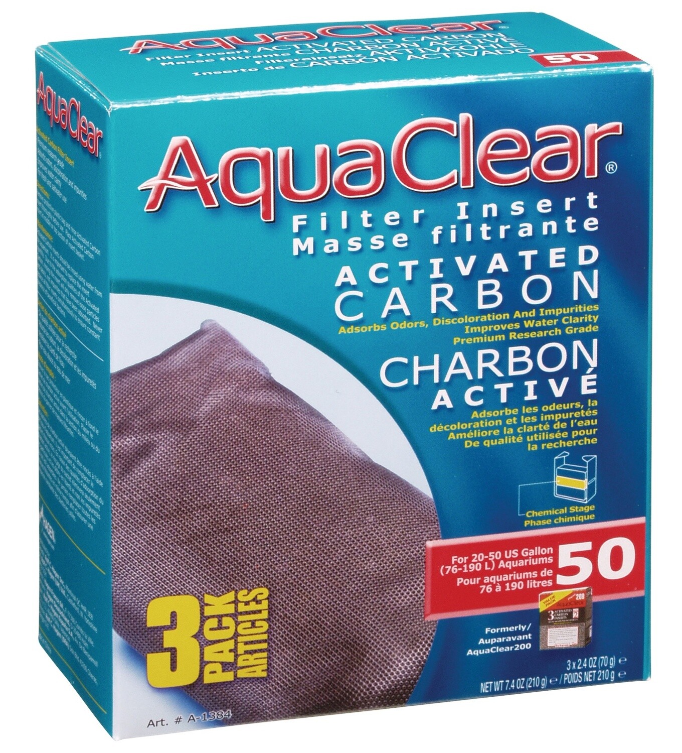 AquaClear 50 Activated Carbon Filter Insert 3 pack, 210g (7.4 oz)