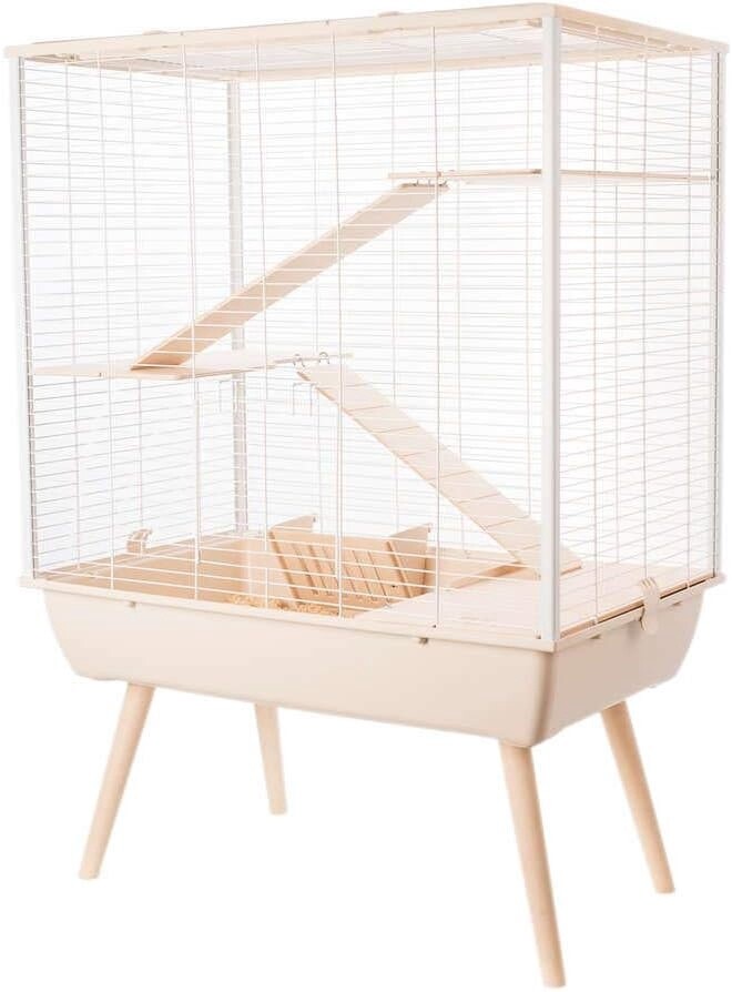 Neo Cosy Small Pet Cage - Wide Bars (15 mm) - Beige with White Wire - 78 x 48 x 80 cm