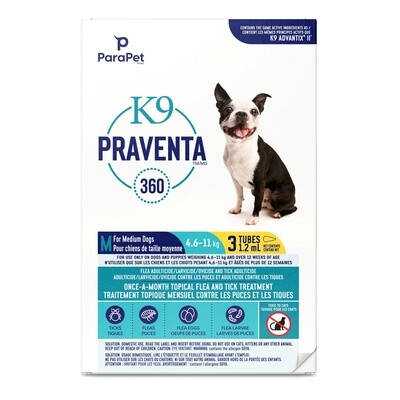 K9 Praventa 360 Flea &amp; Tick Treatment - Medium Dogs 4.6 kg to 11 kg - 3 Tubes