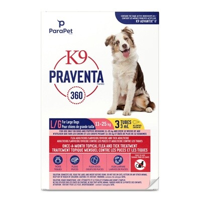 K9 Praventa 360 Flea &amp; Tick Treatment - Large Dogs 11 kg to 25 kg - 3 Tubes
