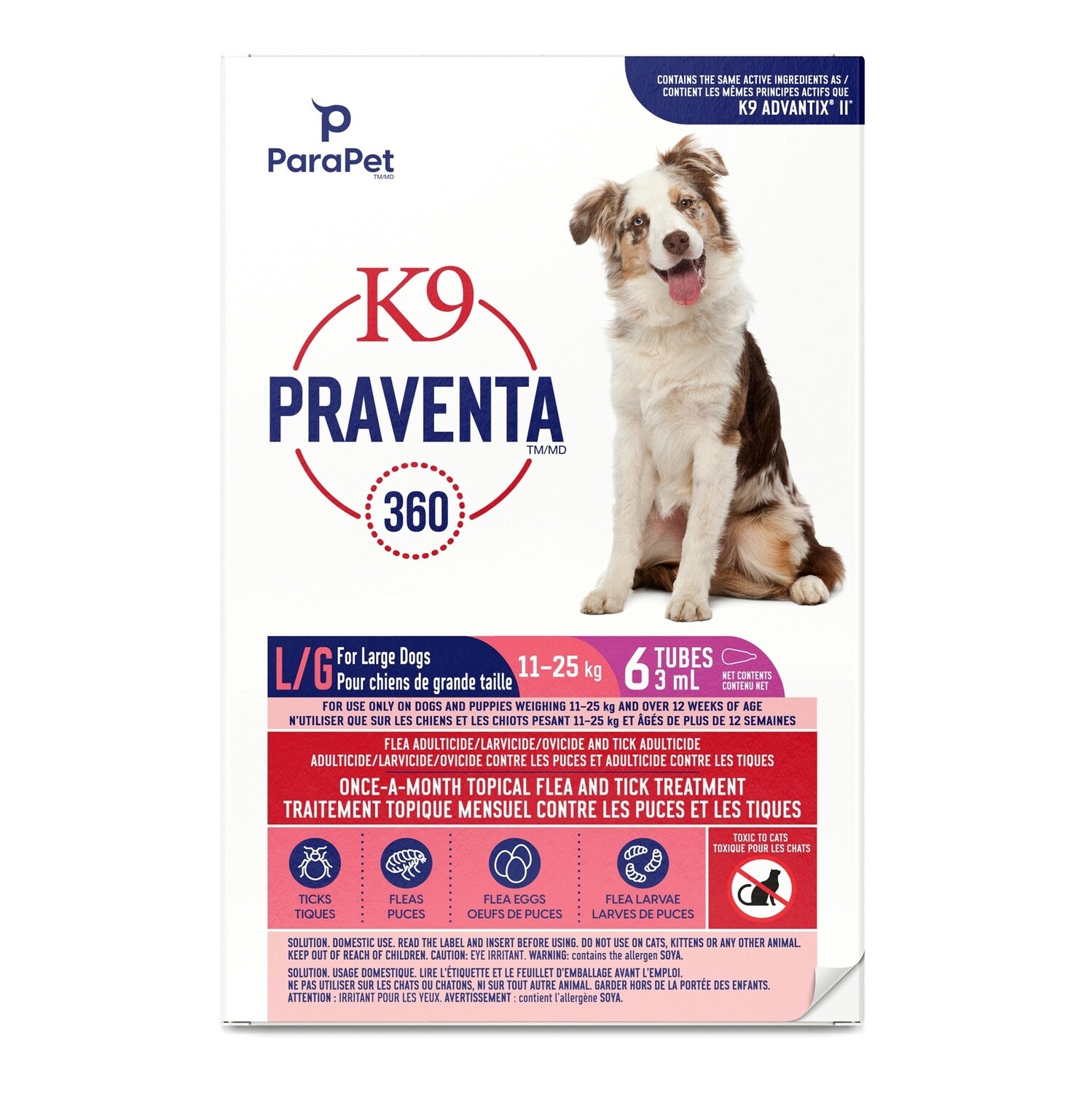 K9 Praventa 360 Flea &amp; Tick Treatment - Large Dogs 11 kg to 25 kg - 6 Tubes