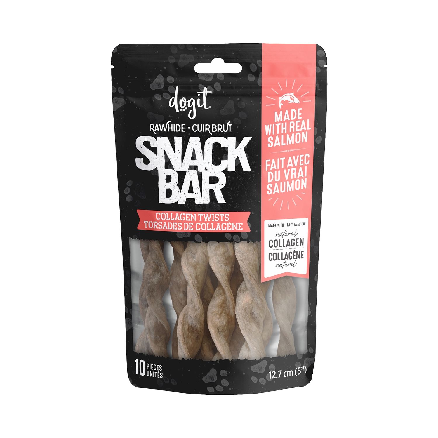 Dogit SnackBar Salmon Collagen Twists - 10 pieces - 5 in (12.7 cm) - 1-1.5 cm dia - approx 100 g (3.5 oz)