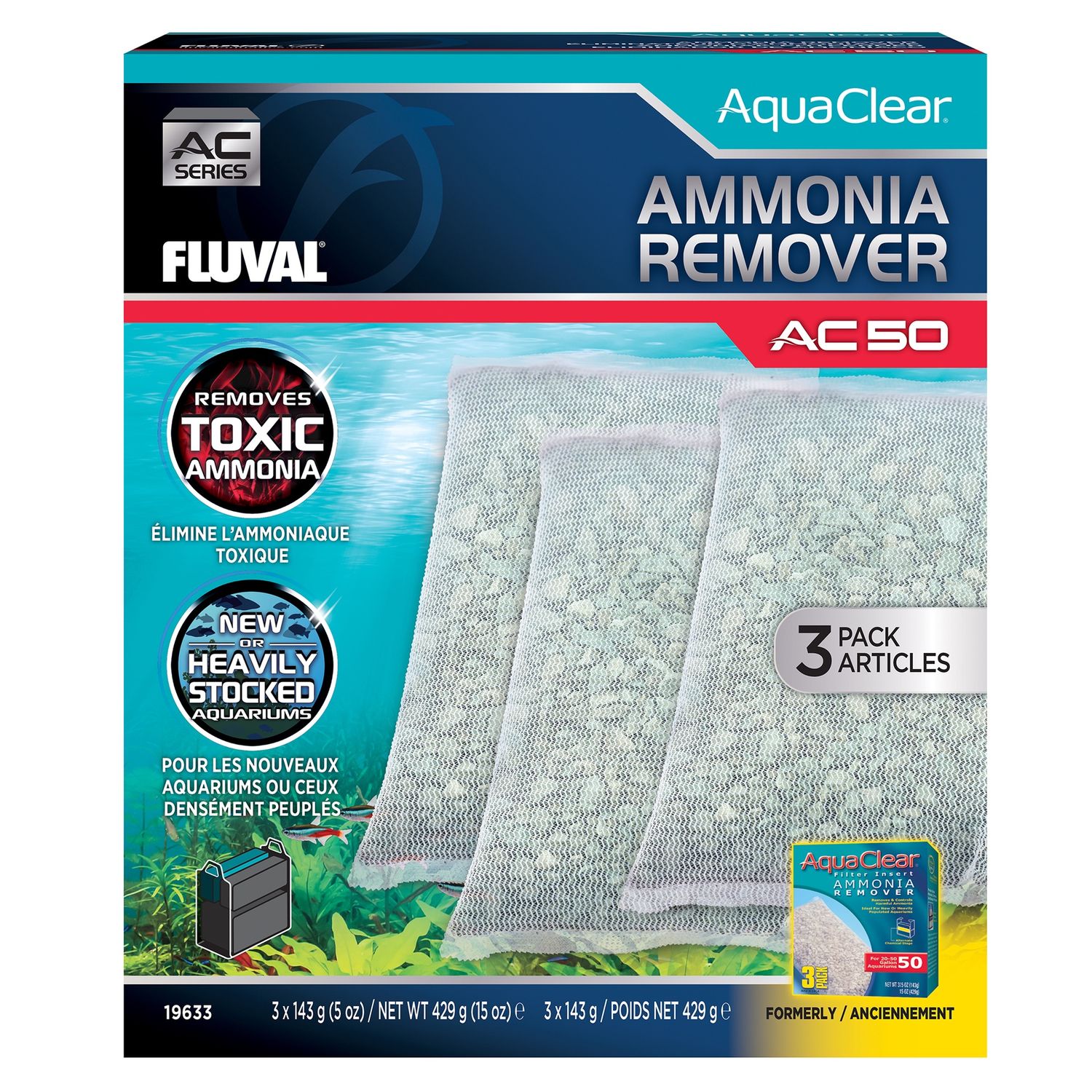 Ammonia Remover for AquaClear AC50 Power Filter, 15 oz / 429 g, 3-Pack