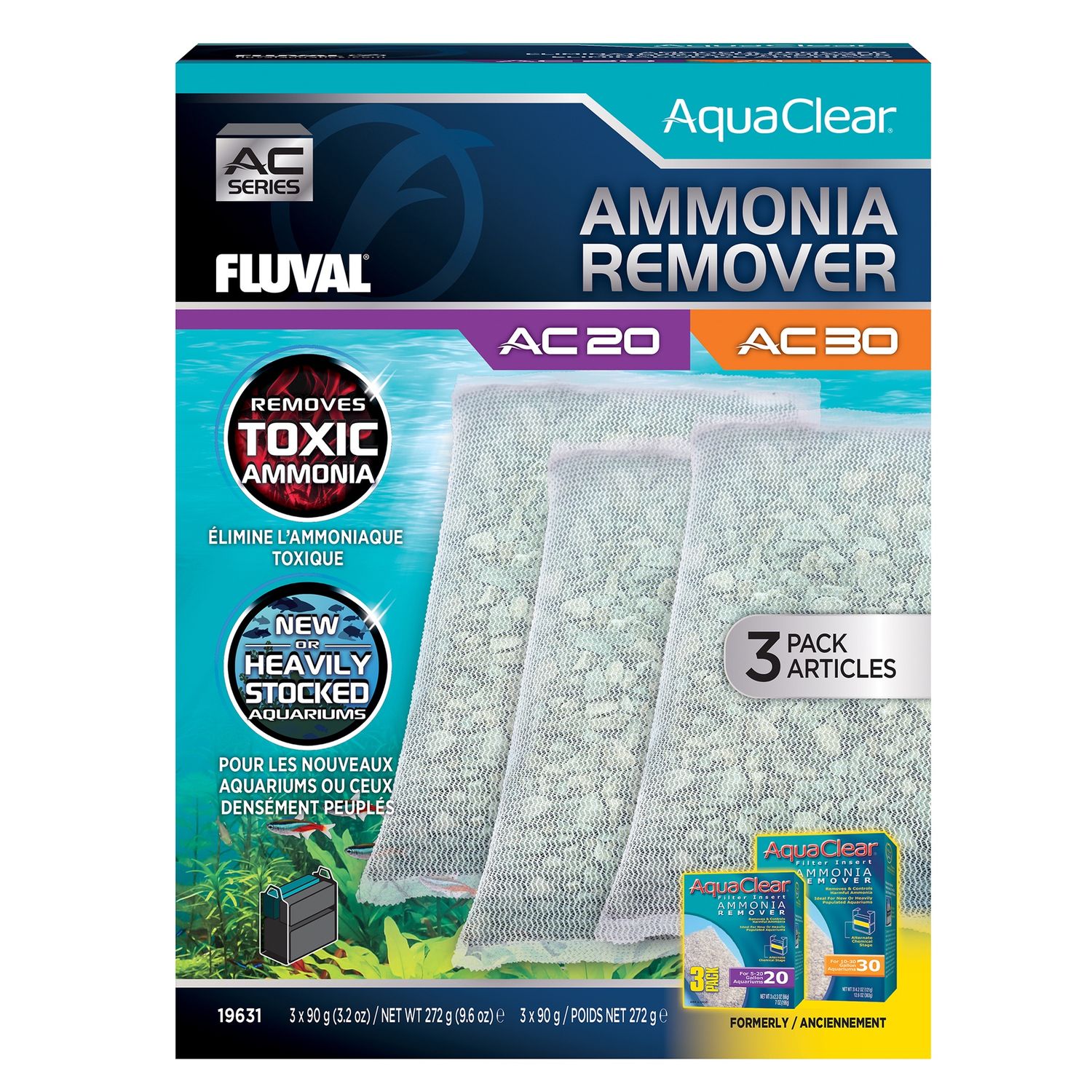 Ammonia Remover for AquaClear AC20/AC30 Power Filter, 9.6 oz / 272 g, 3-Pack