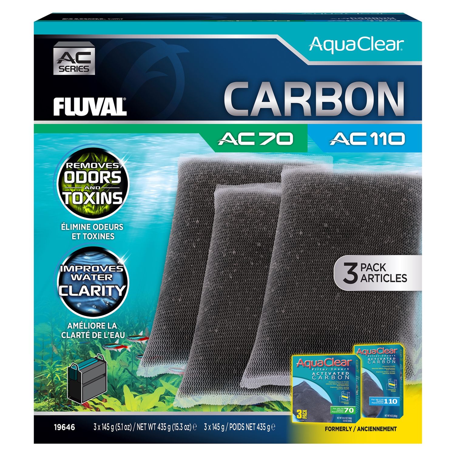 Carbon for AquaClear AC70/AC110 Power Filter, 15.3 oz / 435 g, 3-Pack