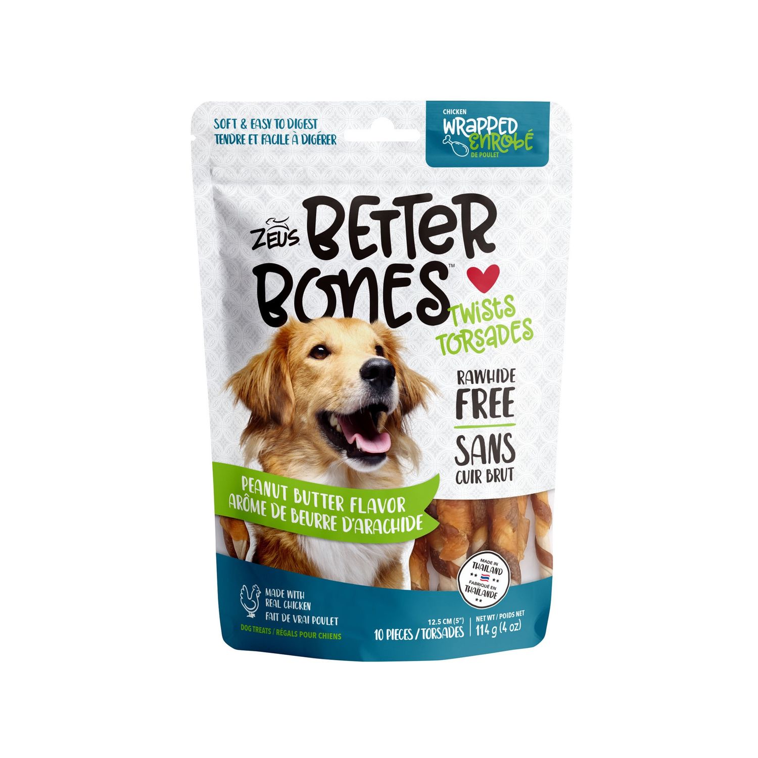 Zeus Better Bones - Peanut Butter Flavor - Chicken-Wrapped Twists - 10 pack