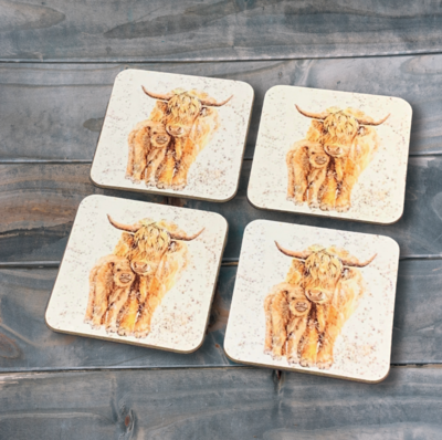 Highland Cow Watercolour Coasters 4pk