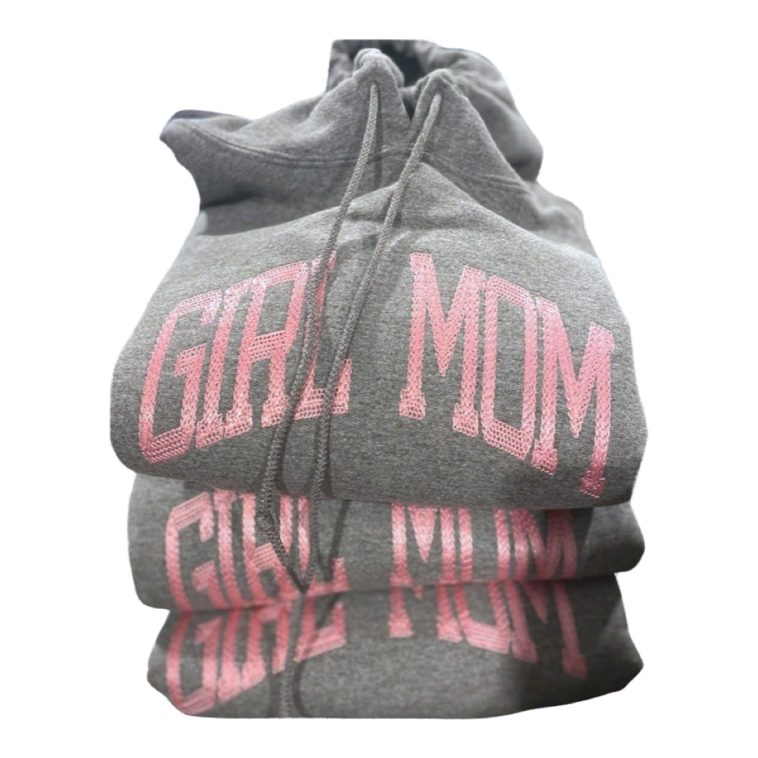 GIRL MOM Gray Crewneck with Embroidery pink chain pattern stitching.
