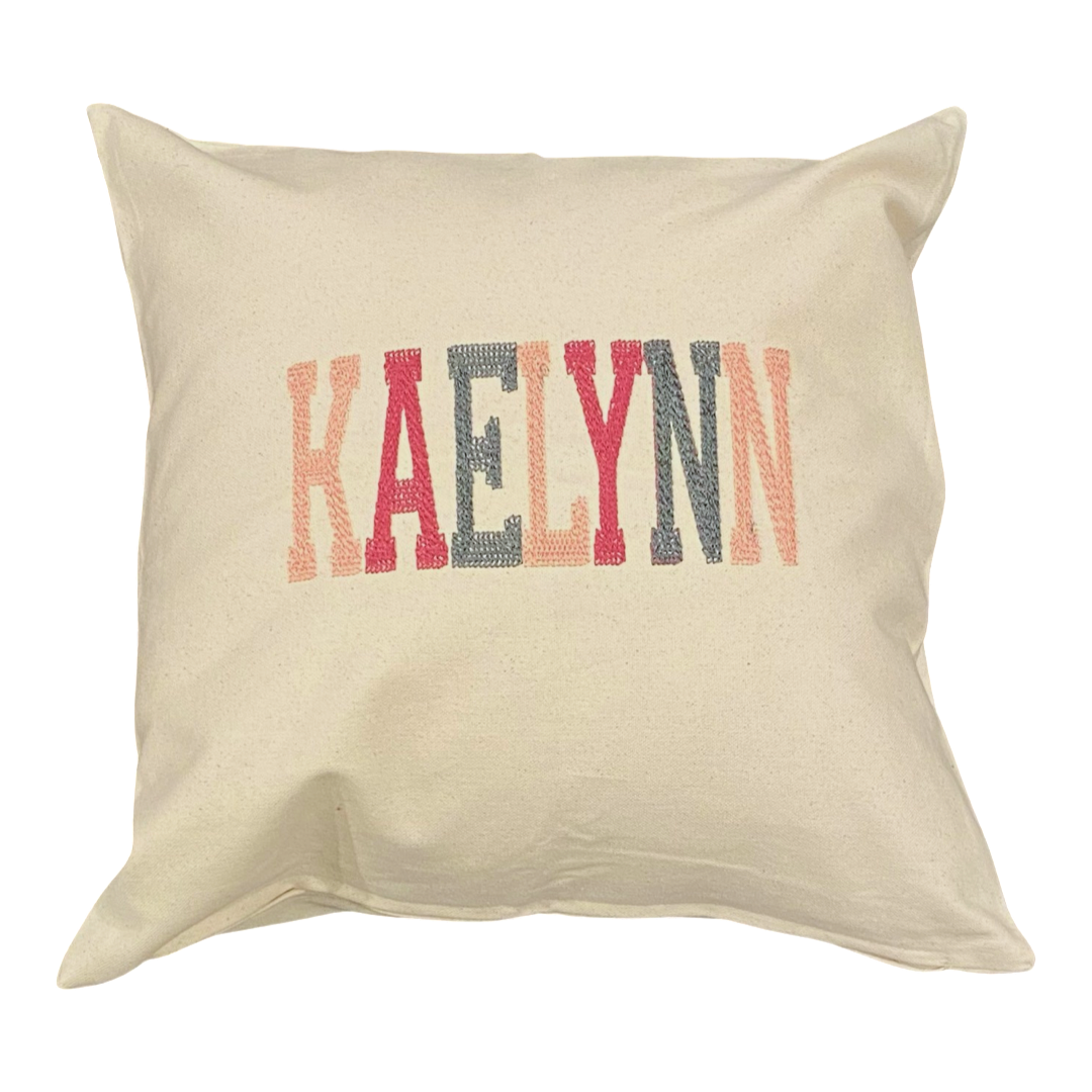 ALCA Colors embroider name pillow. Customize with name of choice. ALCA logo on back of pillow