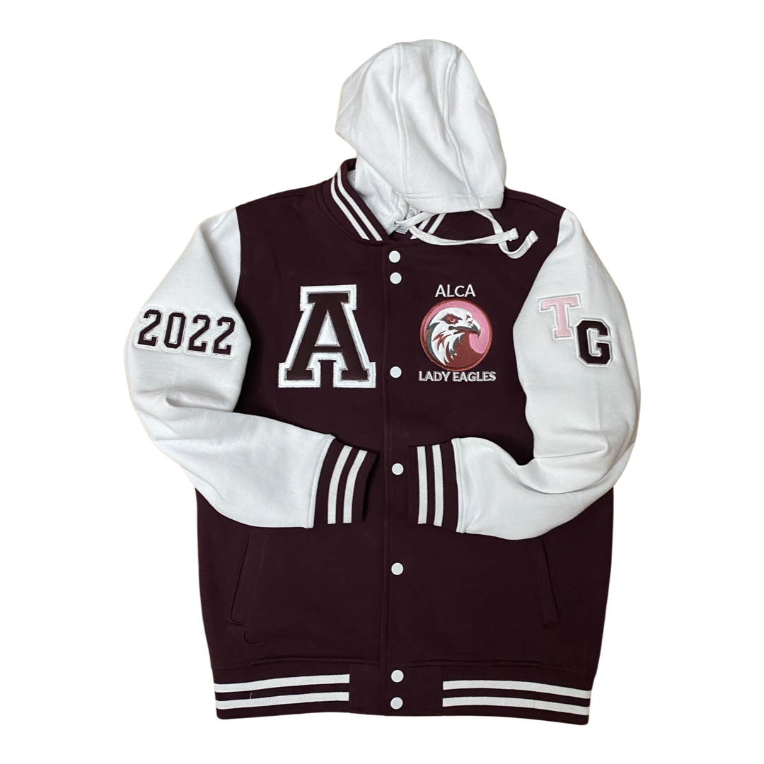 ALCA varsity  jacket, with embroidered initials applique and showcasing the ALCA Lady EAGLE applique on front and Lady Eagles in the back. Thick cotton and polyester material.