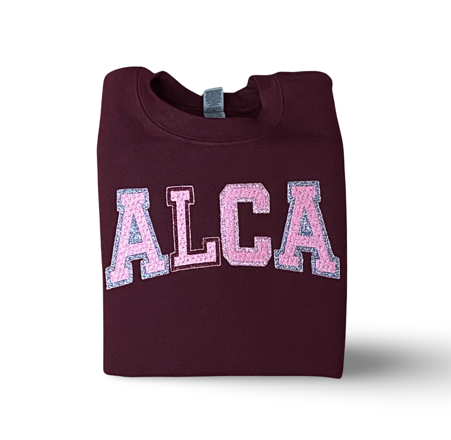 ALCA Spirit Wear Sweatshirt multi school colors with glitter and embroidery Chenille like threading