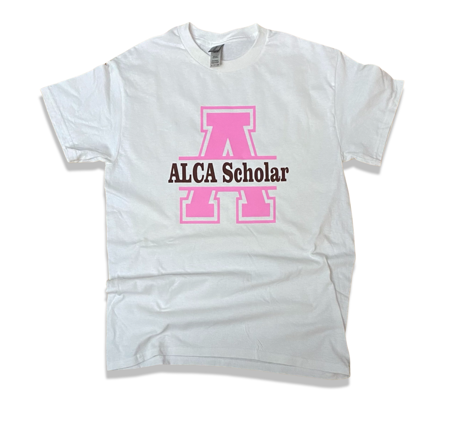 ALCA SCHOLAR Vinyl Print Shirt letter A for Affirm Leadership Christian Academy pink letter A with burgundy ALCA Scholar letters