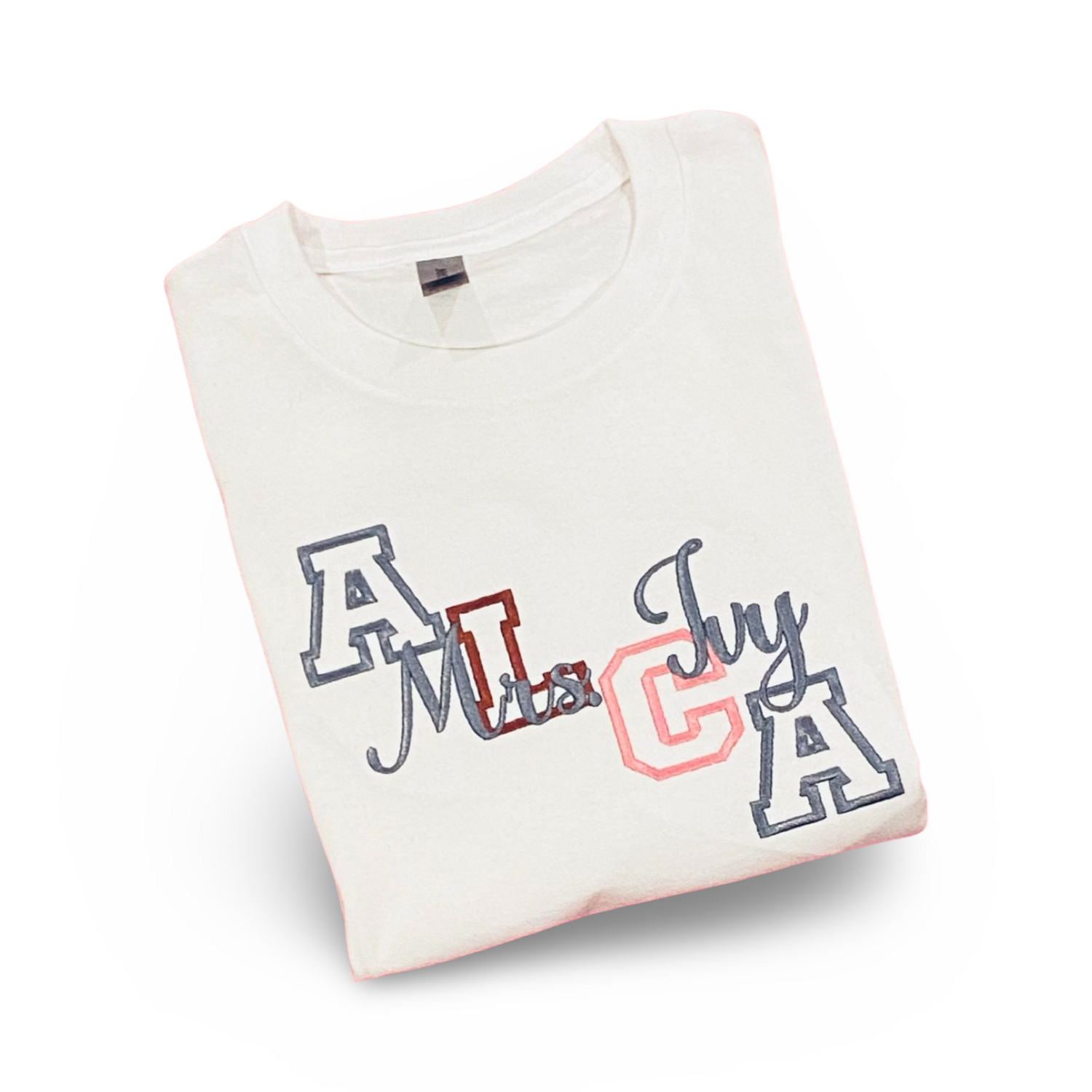 ALCA Embroidery multi school colors shirt with embroidered name across Mrs. Ivy. Add any name of choice