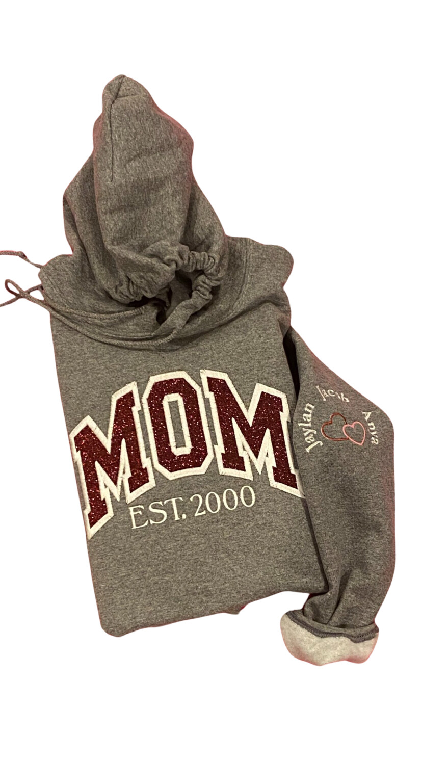 Mom, Grandma ect EST Embroidery Applique Sweatshirt with names and hearts on the sleeve
